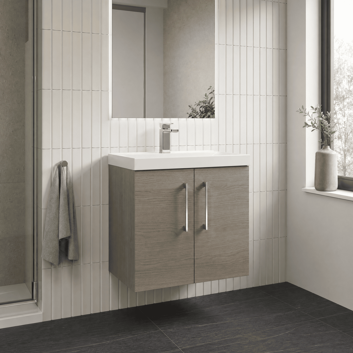 [BFLE2523D] Balterley  Wall Hung 2 Soft Close Door & Thin-Edge Bathroom Vanity Unit Basin, Solace Oak, 600mm - Lifestyle 3
