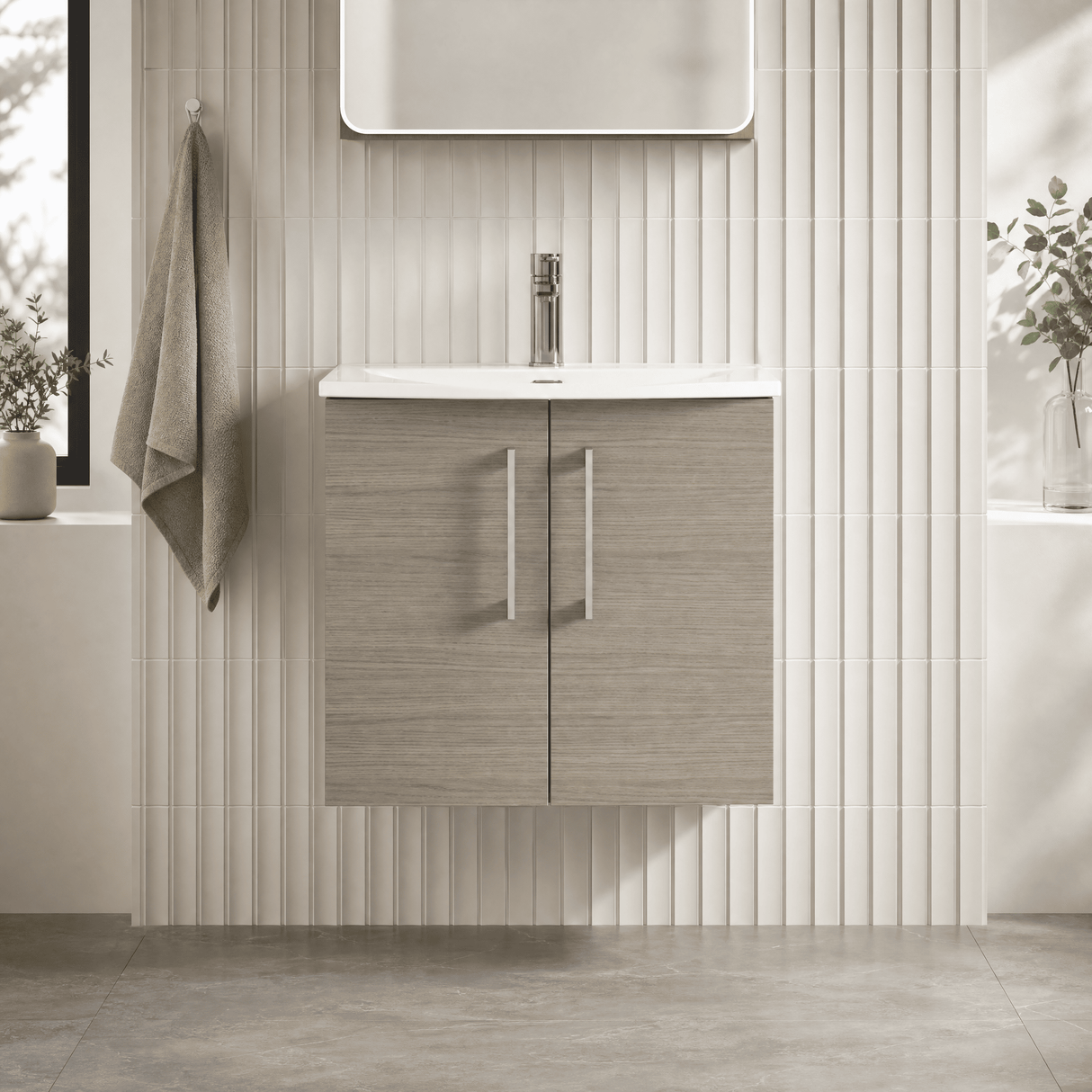 [BFLE2523G] Balterley  Modern Bathroom Wall Hung 2-Door Vanity & Curved Basin, Solace Oak, 600mm - Lifestyle 1
