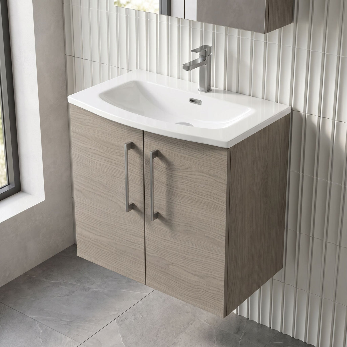 [BFLE2523G] Balterley  Modern Bathroom Wall Hung 2-Door Vanity & Curved Basin, Solace Oak, 600mm - Lifestyle 2