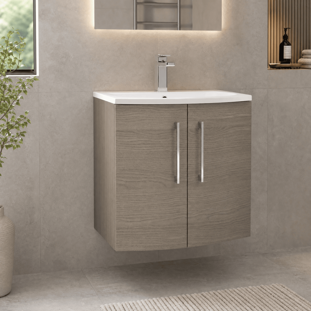 [BFLE2523G] Balterley  Modern Bathroom Wall Hung 2-Door Vanity & Curved Basin, Solace Oak, 600mm - Lifestyle 3