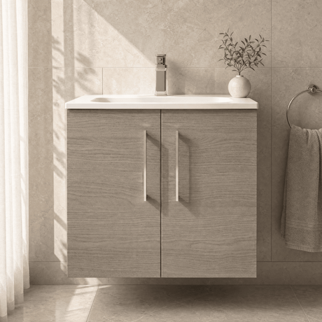 [BFLE2523G] Balterley  Modern Bathroom Wall Hung 2-Door Vanity & Curved Basin, Solace Oak, 600mm - Silo