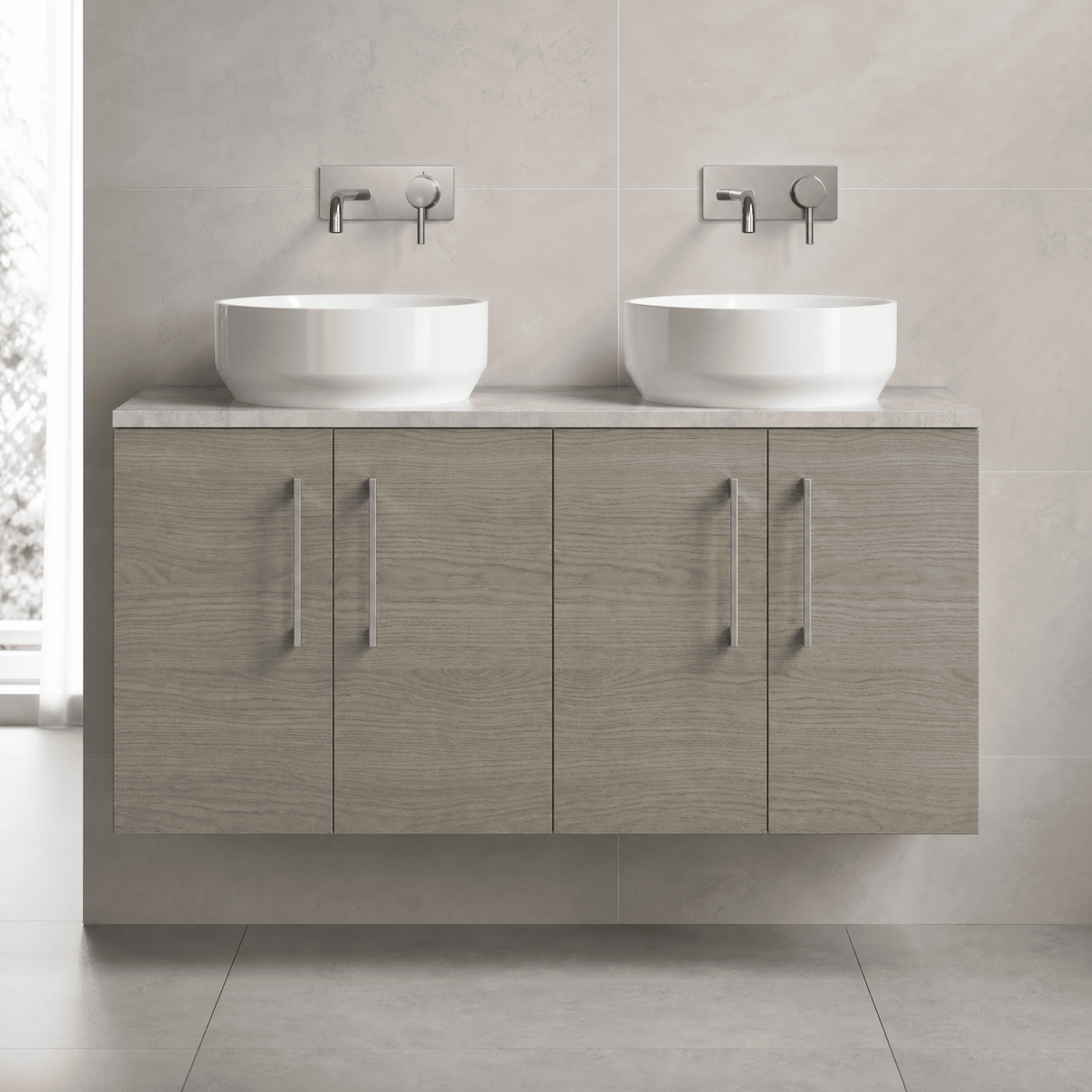 [BFLE2523LBG2] Bramshall Wall Hung 4 Door Vanity Unit with Bellato Grey Laminate Worktop, 1200mm, Choice of Colour
