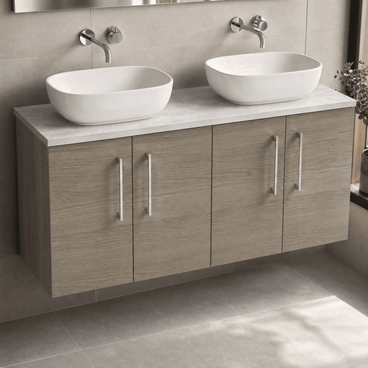 [BFLE2523LBG2] Bramshall Wall Hung 4 Door Vanity Unit with Bellato Grey Laminate Worktop, 1200mm, Choice of Colour