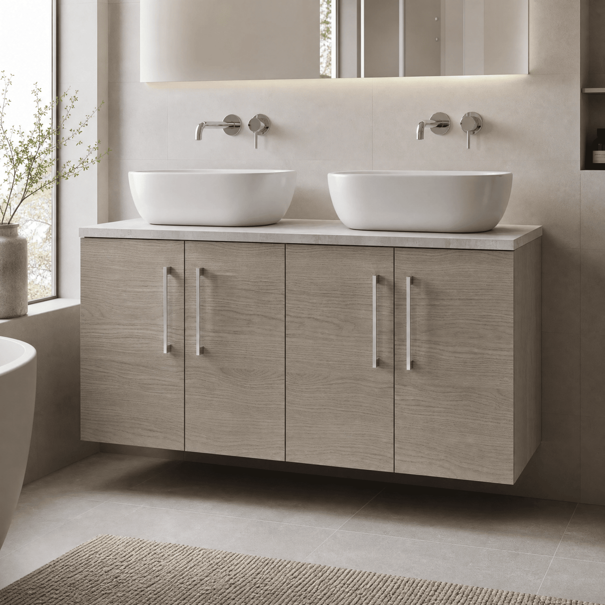 [BFLE2523LBG2] Bramshall Wall Hung 4 Door Vanity Unit with Bellato Grey Laminate Worktop, 1200mm, Choice of Colour