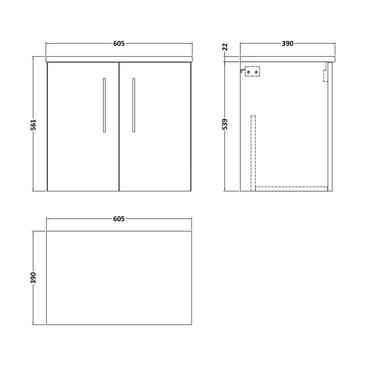 [BFLE2523LBG] Balterley Level 600mm Wall Hung 2 Door Vanity Unit with Laminate Worktop for Compact Natural Wood Bathroom Storage - Solace Oak - Technical Drawing