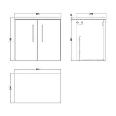 [BFLE2523LBG] Balterley Level 600mm Wall Hung 2 Door Vanity Unit with Laminate Worktop for Compact Natural Wood Bathroom Storage - Solace Oak - Technical Drawing