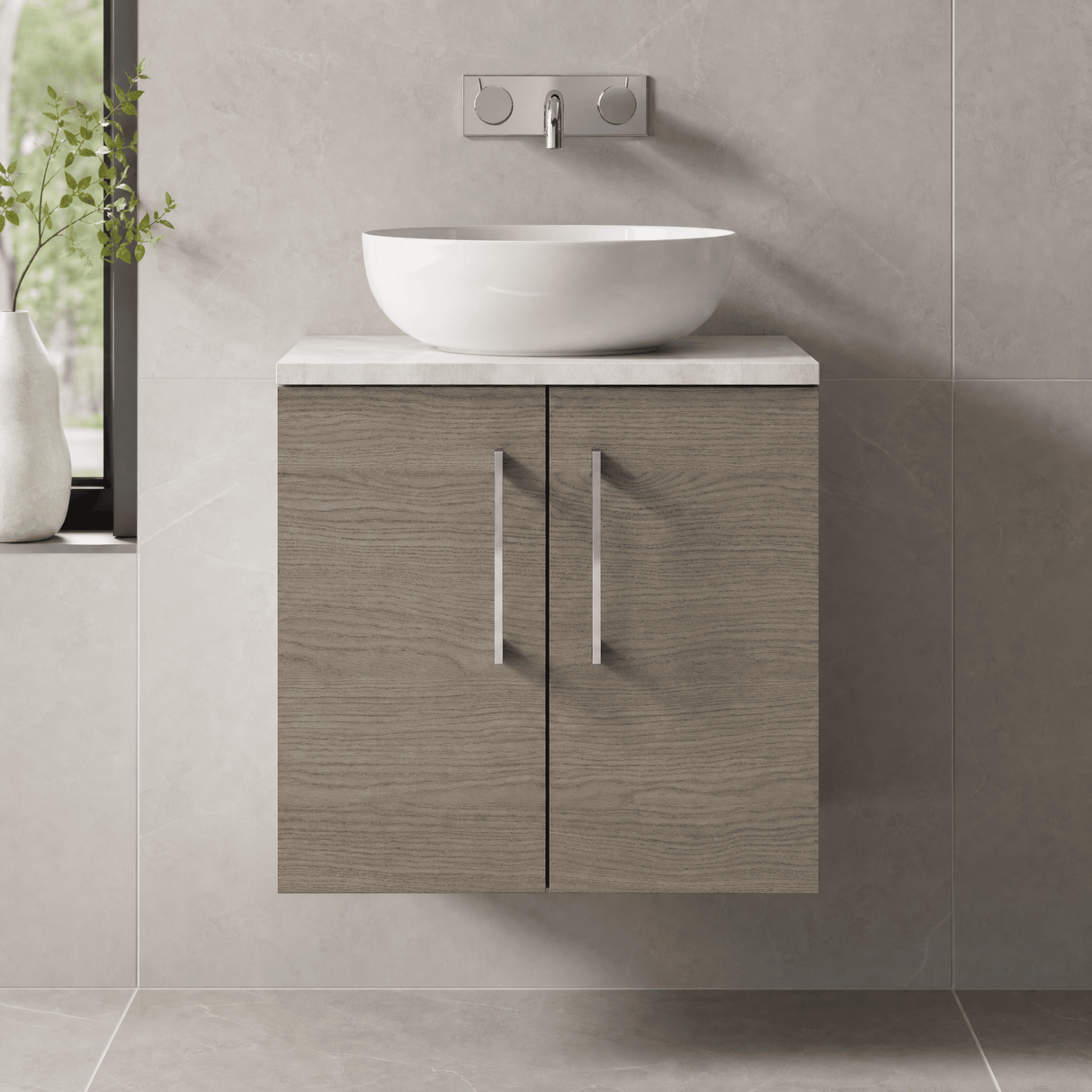 [BFLE2523LBG] Bramshall Wall Hung 2 Door Vanity Unit with Bellato Grey Laminate Worktop, 600mm, Choice of Colour