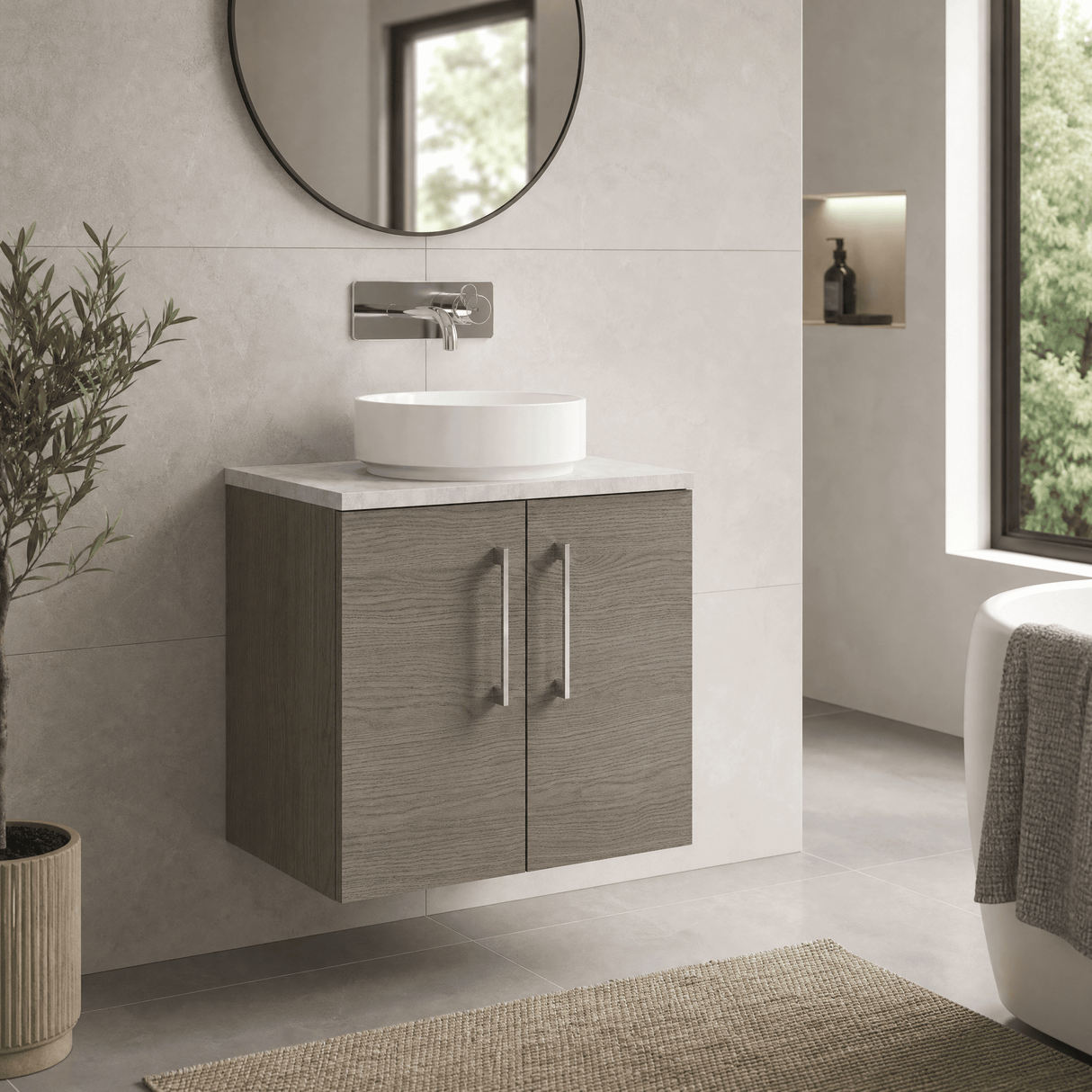[BFLE2523LBG] Bramshall Wall Hung 2 Door Vanity Unit with Bellato Grey Laminate Worktop, 600mm, Choice of Colour
