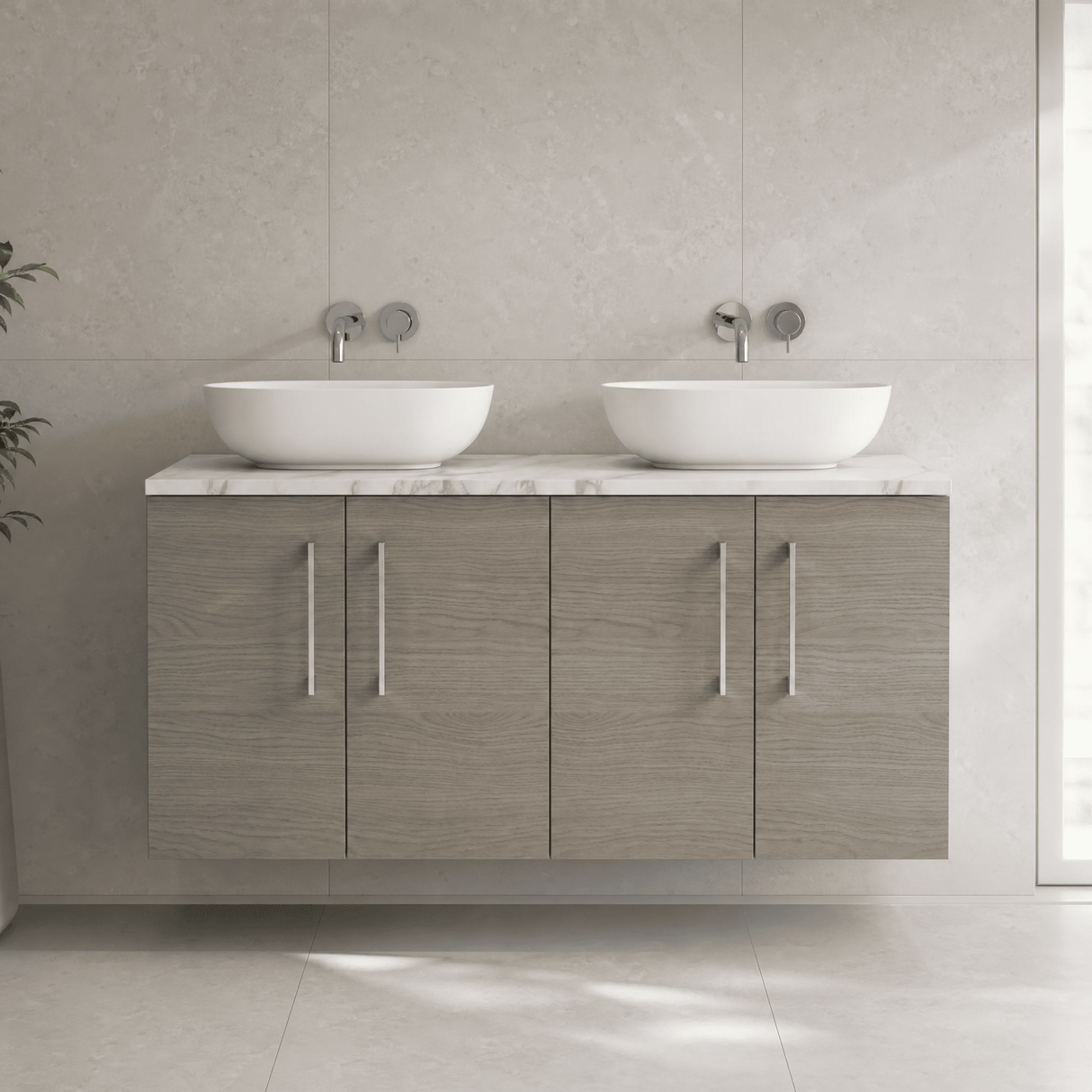 [BFLE2523LCM2] Bramshall Contemporary 4 Door Wall Hung Vanity Unit with Carrera Marble Laminate Worktop, 1200mm, Choice of Colour