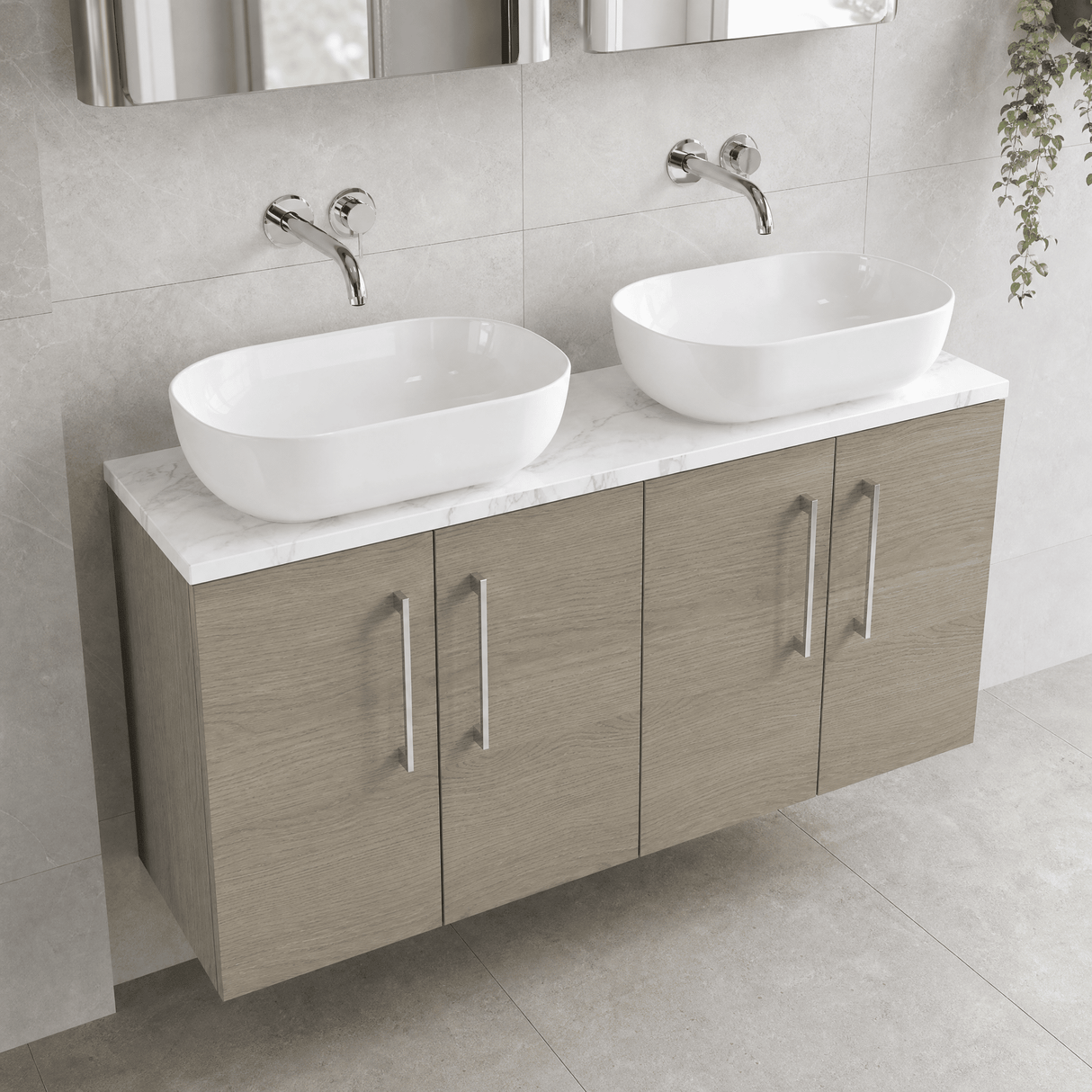 [BFLE2523LCM2] Bramshall Contemporary 4 Door Wall Hung Vanity Unit with Carrera Marble Laminate Worktop, 1200mm, Choice of Colour