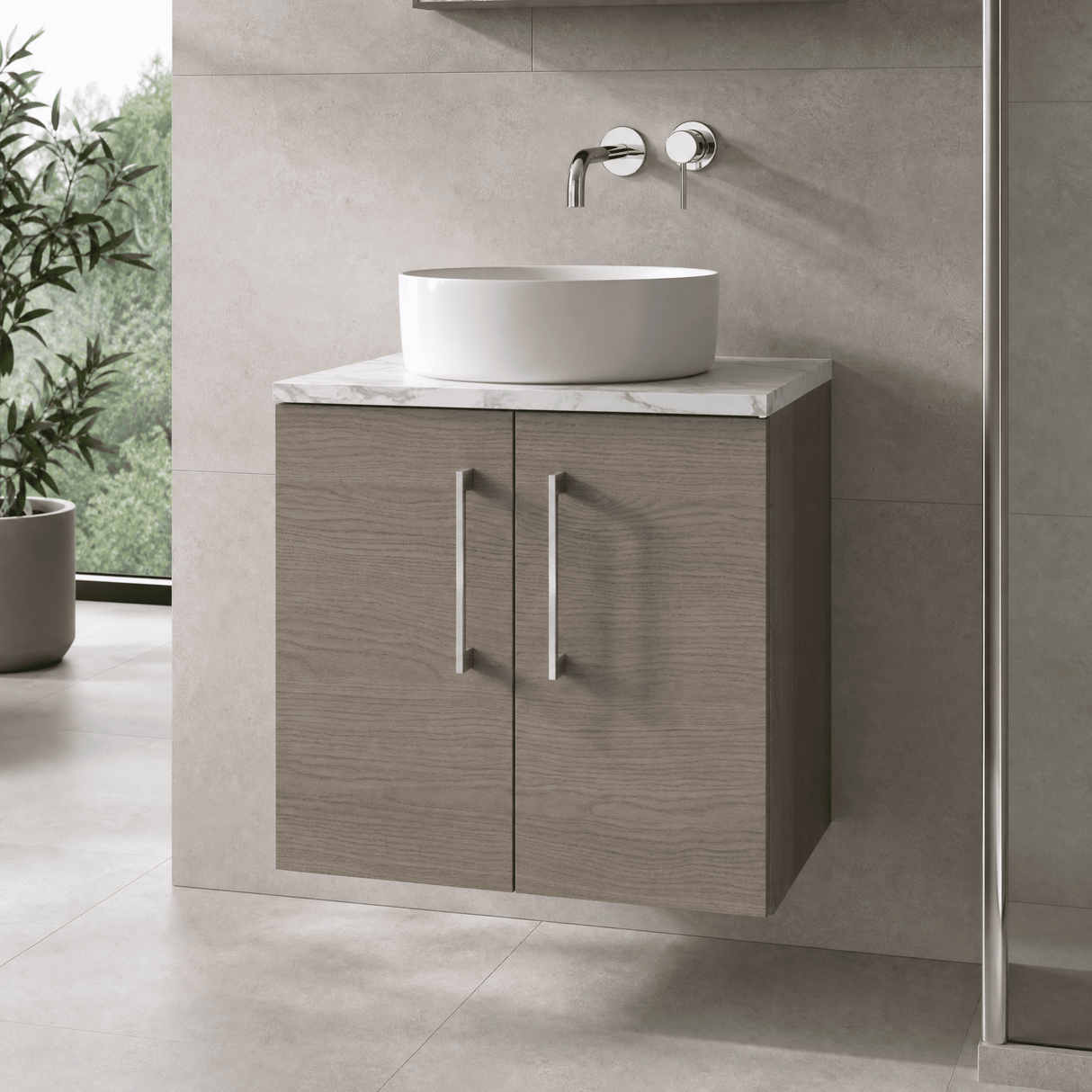 [BFLE2523LCM] Bramshall Contemporary 2 Door Wall Hung Vanity Unit with Carrera Marble Laminate Worktop, 600mm, Choice of Colour