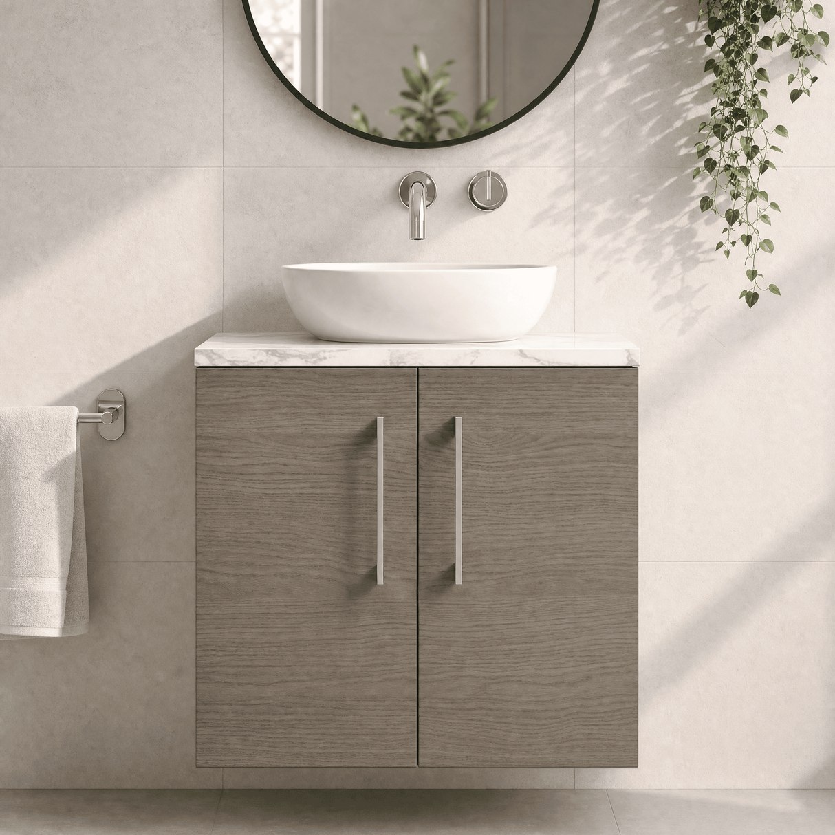 [BFLE2523LCM] Bramshall Contemporary 2 Door Wall Hung Vanity Unit with Carrera Marble Laminate Worktop, 600mm, Choice of Colour - Silo