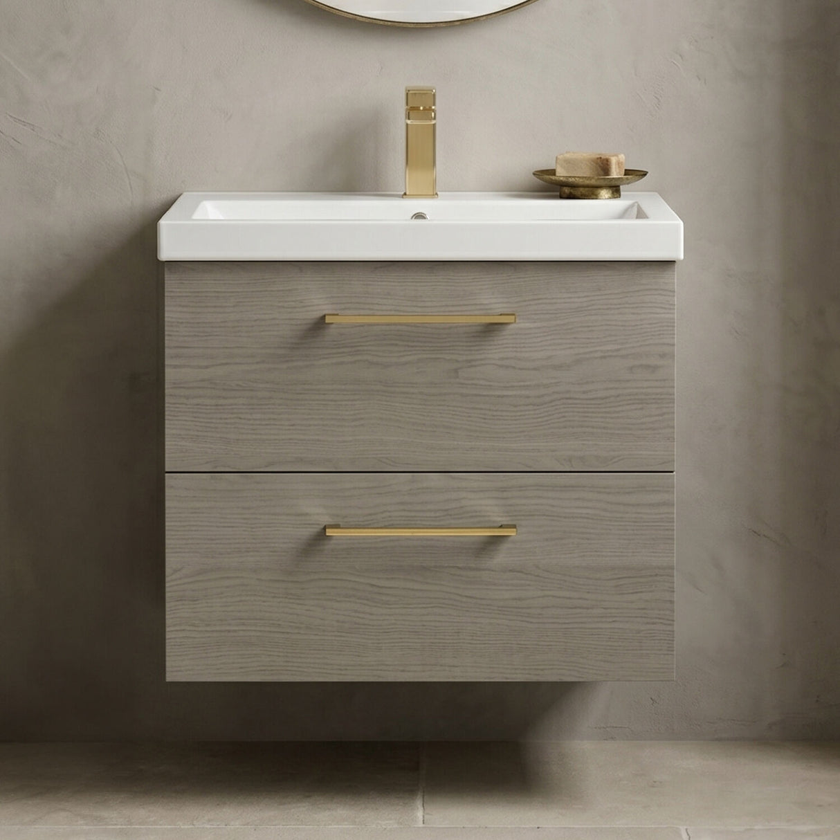[BFLE2524AH017] Bramshall Wall Hung 2 Drawer Vanity Unit with Mid-Edge Ceramic Basin - Choice of Colour, Handle Finish and Size - Silo