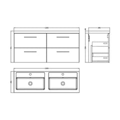 [BFLE2524C2] Balterley Level 1200mm Wall Hung 4-Drawer Vanity Unit with Double Basin for Modern Bathroom Storage - Gloss White - Technical Drawing