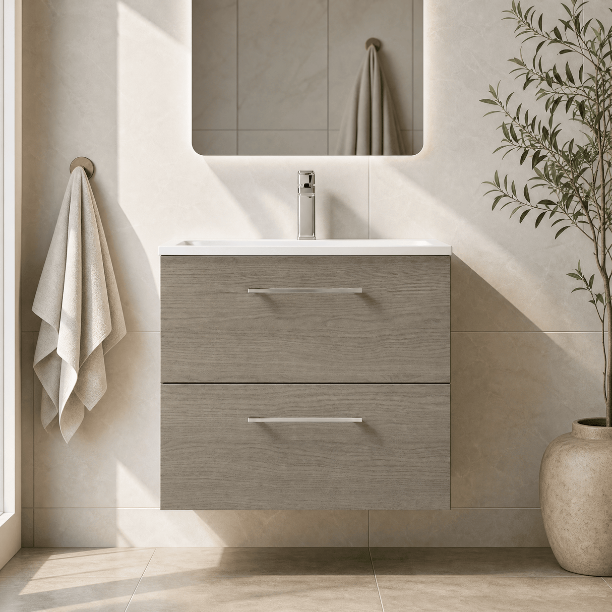 [BFLE2524G] Bramshall Contemporary 2 Soft Close Drawer Wall Hung Vanity Unit, Choice of Size/Basin Type/Colour - Silo