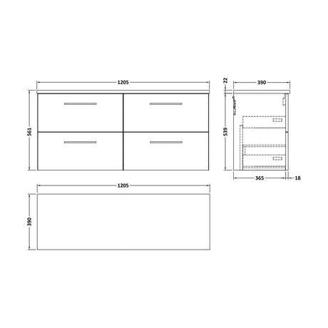 [BFLE2524LBG2] Balterley Level 1200mm Wall Hung 4 Drawer Vanity Unit & Laminate Worktop for Spacious Natural-Wood Bathroom Storage - Solace Oak - Technical Drawing