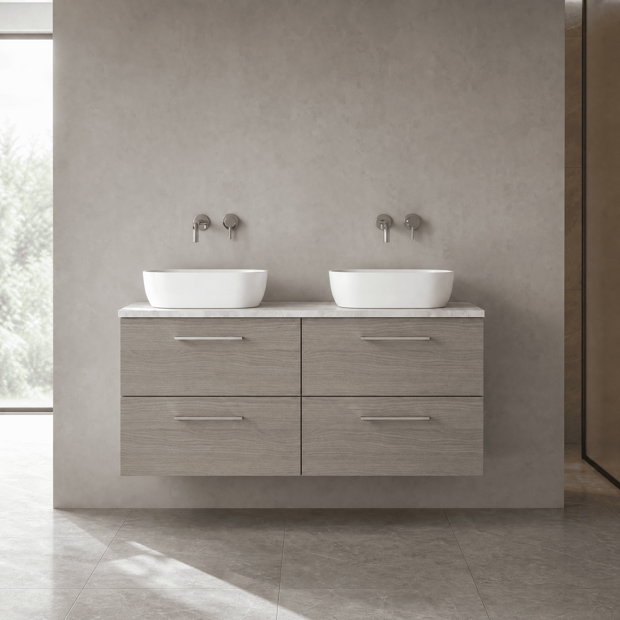 [BFLE2524LBG2] Bramshall Wall Hung 4 Drawer Vanity Unit with Bellato Grey Laminate Worktop, 1200mm, Choice of Colour