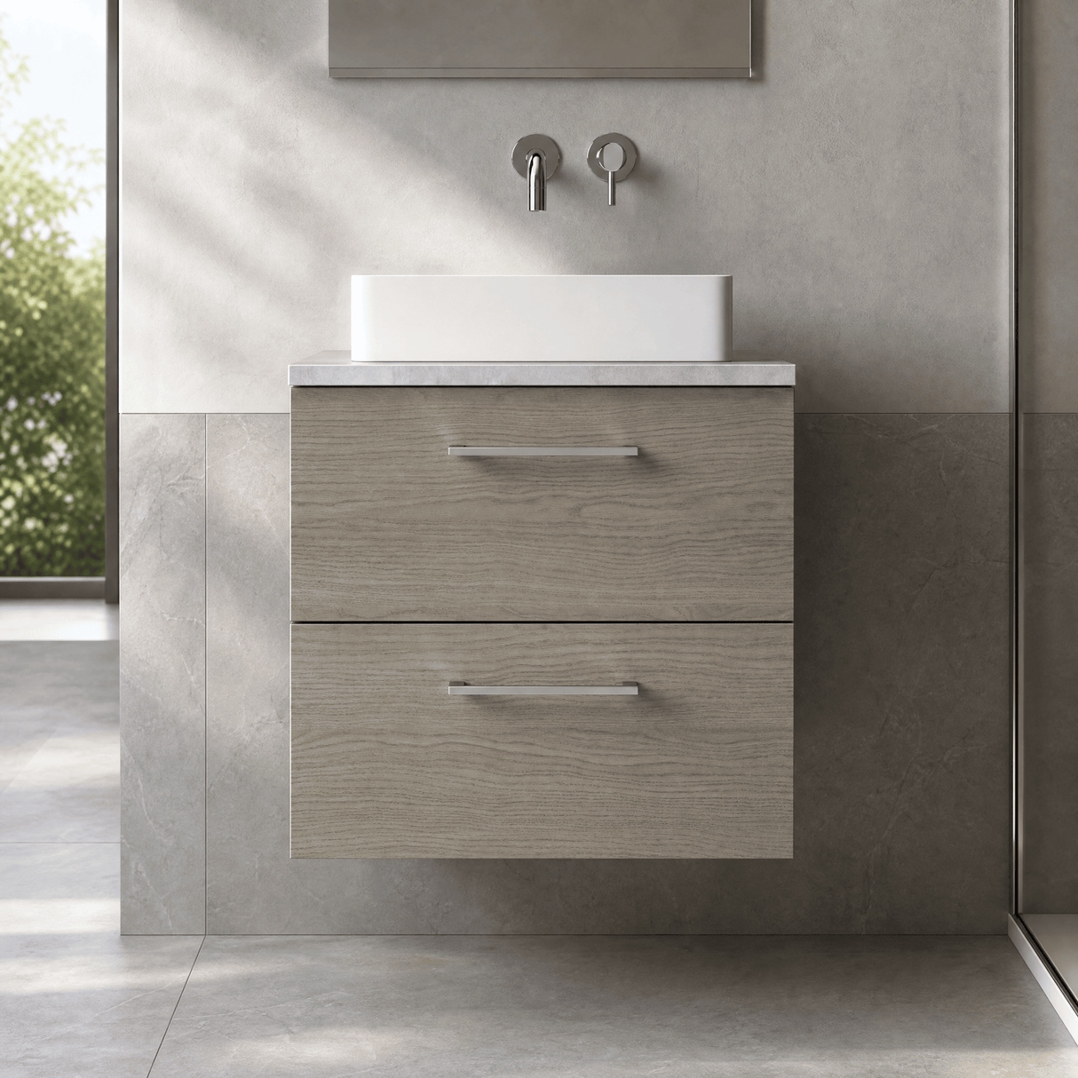 [BFLE2524LBG] Bramshall Contemporary 2 Drawer Wall Hung Vanity Unit with Bellato Grey Laminate Worktop, Choice of Size and Colour