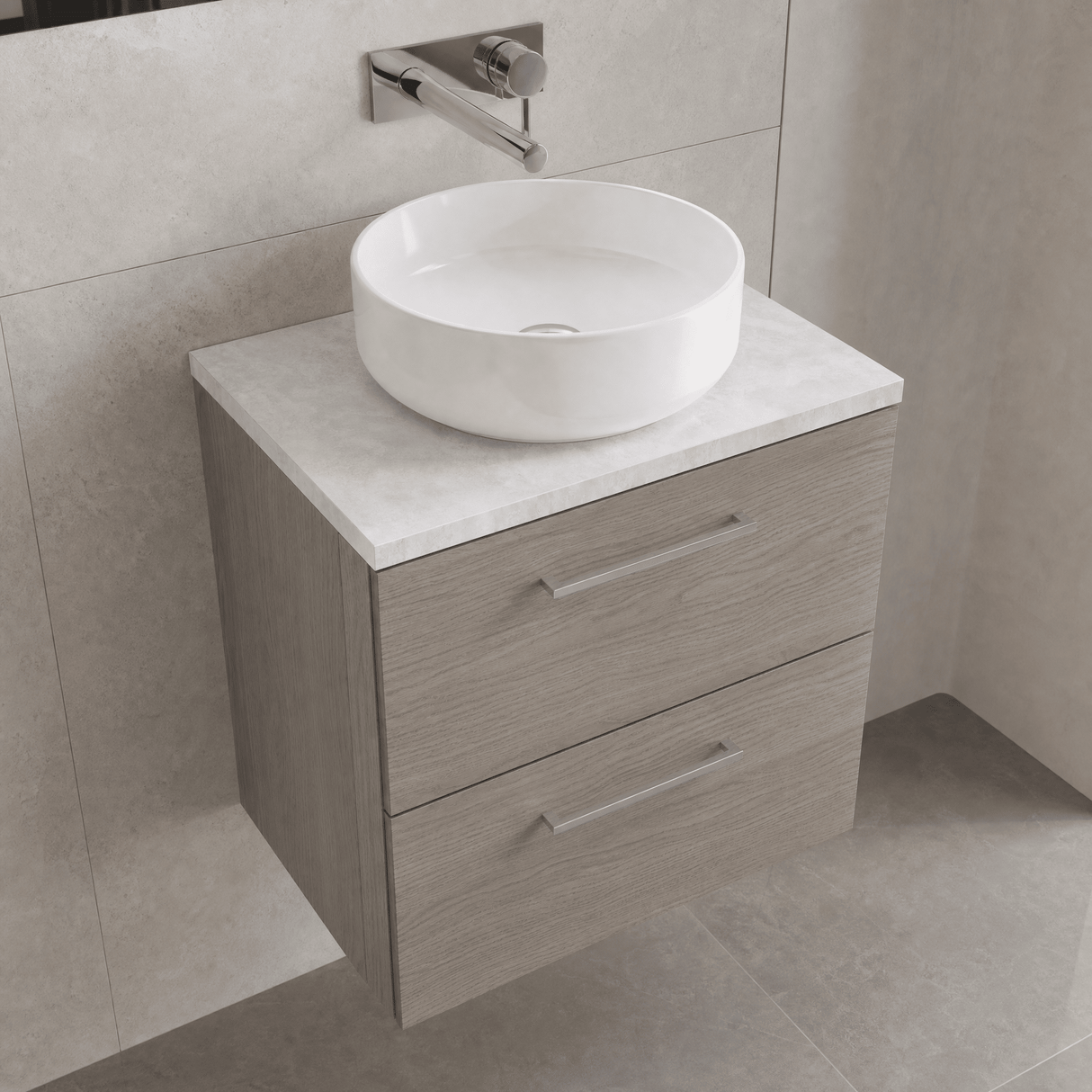 [BFLE2524LBG] Bramshall Contemporary 2 Drawer Wall Hung Vanity Unit with Bellato Grey Laminate Worktop, Choice of Size and Colour