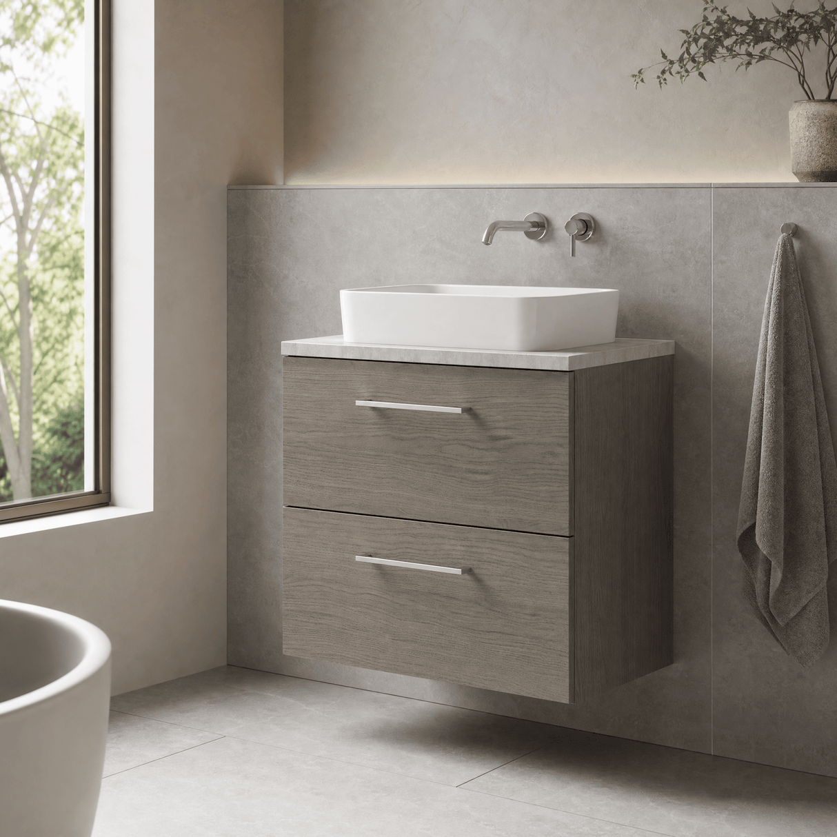 [BFLE2524LBG] Bramshall Contemporary 2 Drawer Wall Hung Vanity Unit with Bellato Grey Laminate Worktop, Choice of Size and Colour