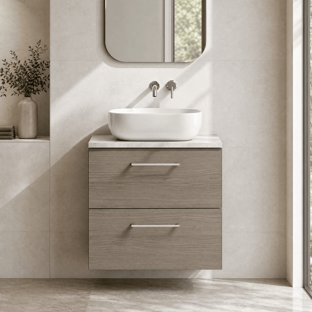 [BFLE2524LBG] Bramshall Contemporary 2 Drawer Wall Hung Vanity Unit with Bellato Grey Laminate Worktop, Choice of Size and Colour - Silo