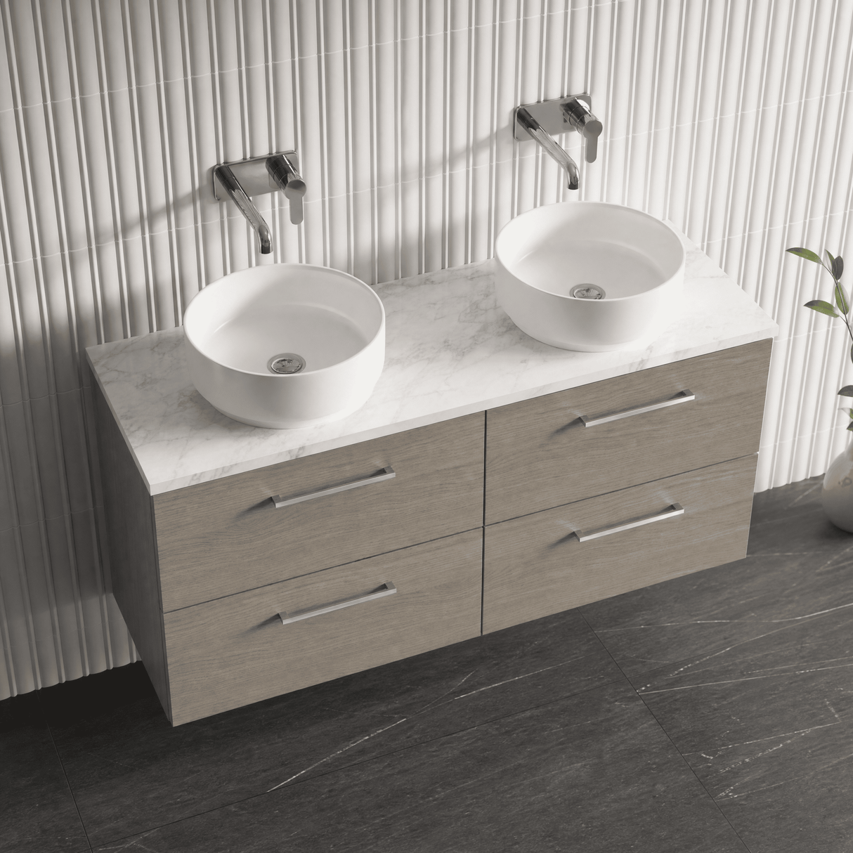 [BFLE2524LCM2] Bramshall Contemporary 4 Drawer Wall Hung Vanity Unit with Carrera Marble Laminate Worktop, 1200mm, Choice of Colour