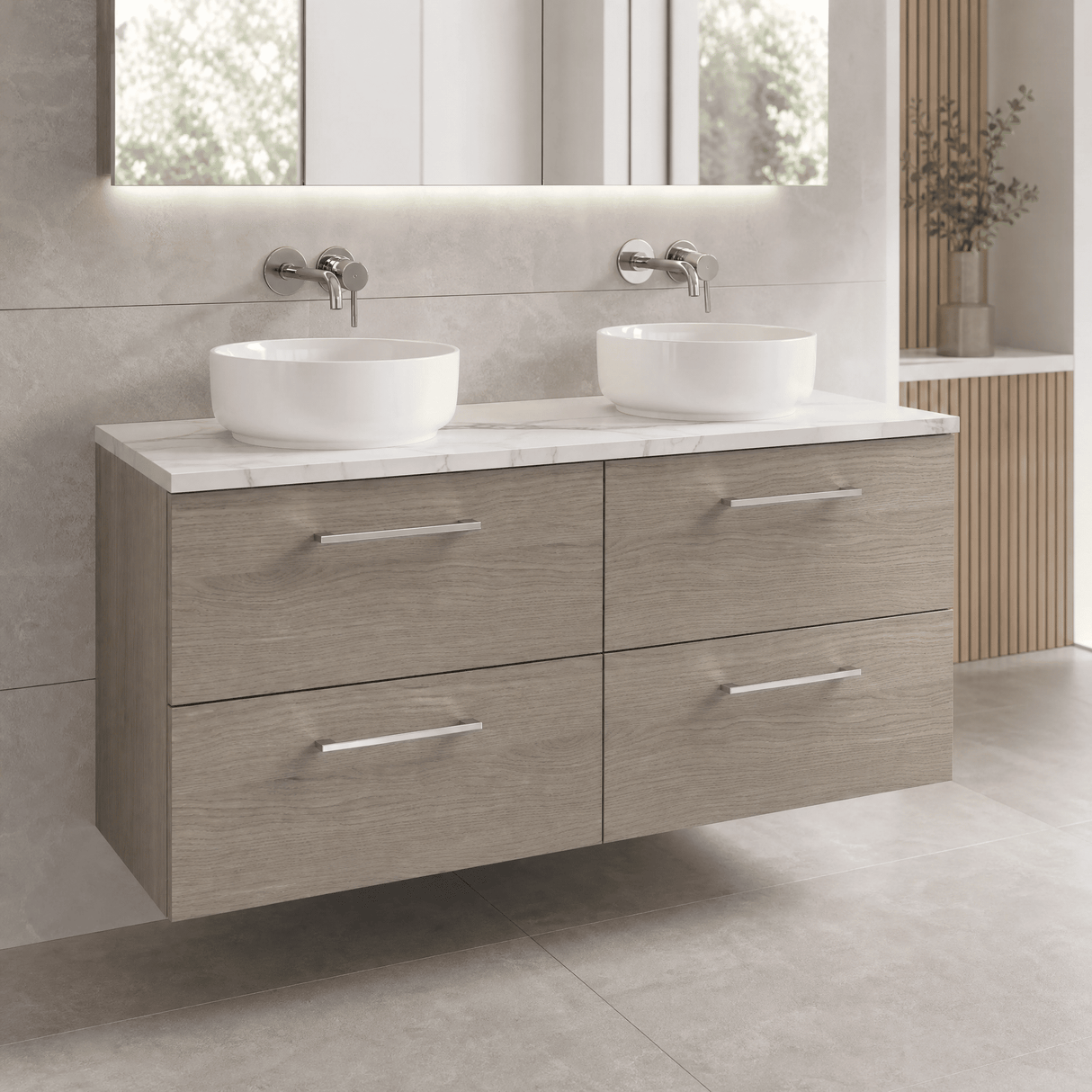 [BFLE2524LCM2] Bramshall Contemporary 4 Drawer Wall Hung Vanity Unit with Carrera Marble Laminate Worktop, 1200mm, Choice of Colour