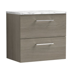 [BFLE2524LCM] Bramshall Contemporary 2 Drawer Wall Hung Vanity Unit with Carrera Marble Laminate Worktop, Choice of Size and Colour - Cutout