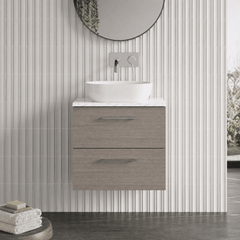 [BFLE2524LCM] Bramshall Contemporary 2 Drawer Wall Hung Vanity Unit with Carrera Marble Laminate Worktop, Choice of Size and Colour