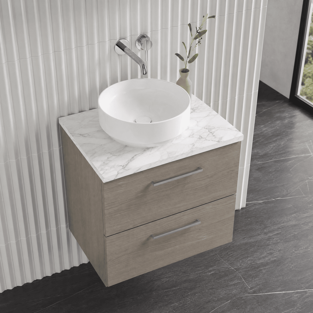 [BFLE2524LCM] Bramshall Contemporary 2 Drawer Wall Hung Vanity Unit with Carrera Marble Laminate Worktop, Choice of Size and Colour