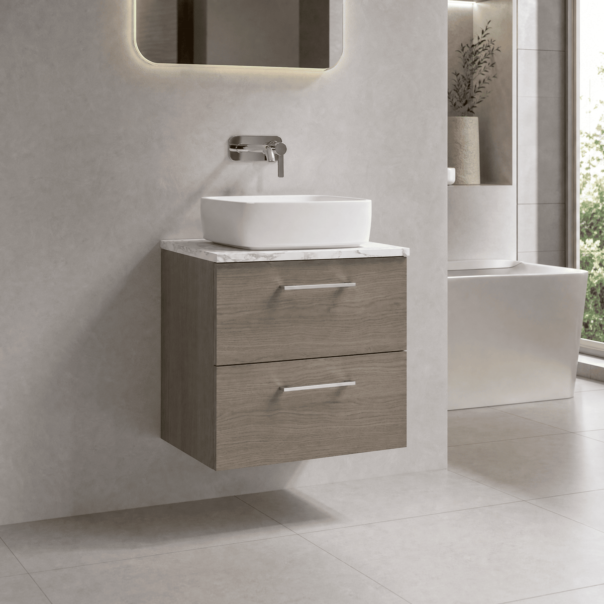 [BFLE2524LCM] Bramshall Contemporary 2 Drawer Wall Hung Vanity Unit with Carrera Marble Laminate Worktop, Choice of Size and Colour