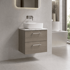 [BFLE2524LCM] Bramshall Contemporary 2 Drawer Wall Hung Vanity Unit with Carrera Marble Laminate Worktop, Choice of Size and Colour