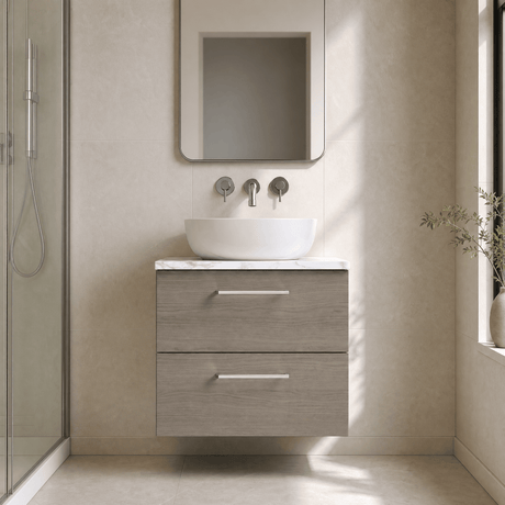 [BFLE2524LCM] Bramshall Contemporary 2 Drawer Wall Hung Vanity Unit with Carrera Marble Laminate Worktop, Choice of Size and Colour - Silo