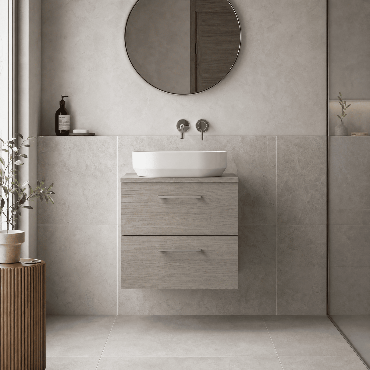 [BFLE2524W] Bramshall Contemporary 2 Soft Close Drawer Wall Hung Vanity Unit with Worktop, Choice of Size and Colour