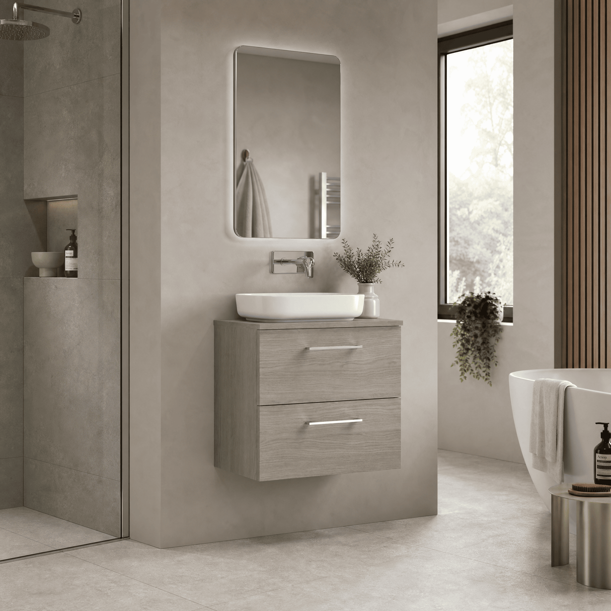 [BFLE2524W] Bramshall Contemporary 2 Soft Close Drawer Wall Hung Vanity Unit with Worktop, Choice of Size and Colour