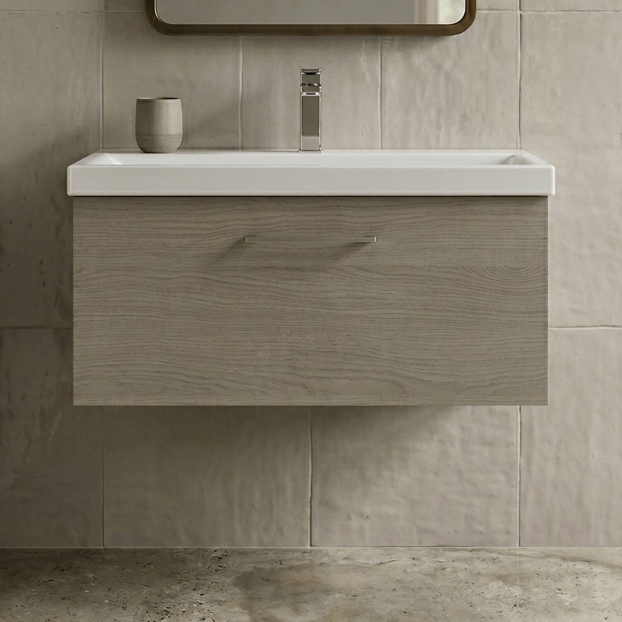 [BFLE2525A] Bramshall Wall Hung 1 Drawer Vanity Unit with Mid-Edge Ceramic Basin - Choice of Colour, Handle Finish and Size - Silo