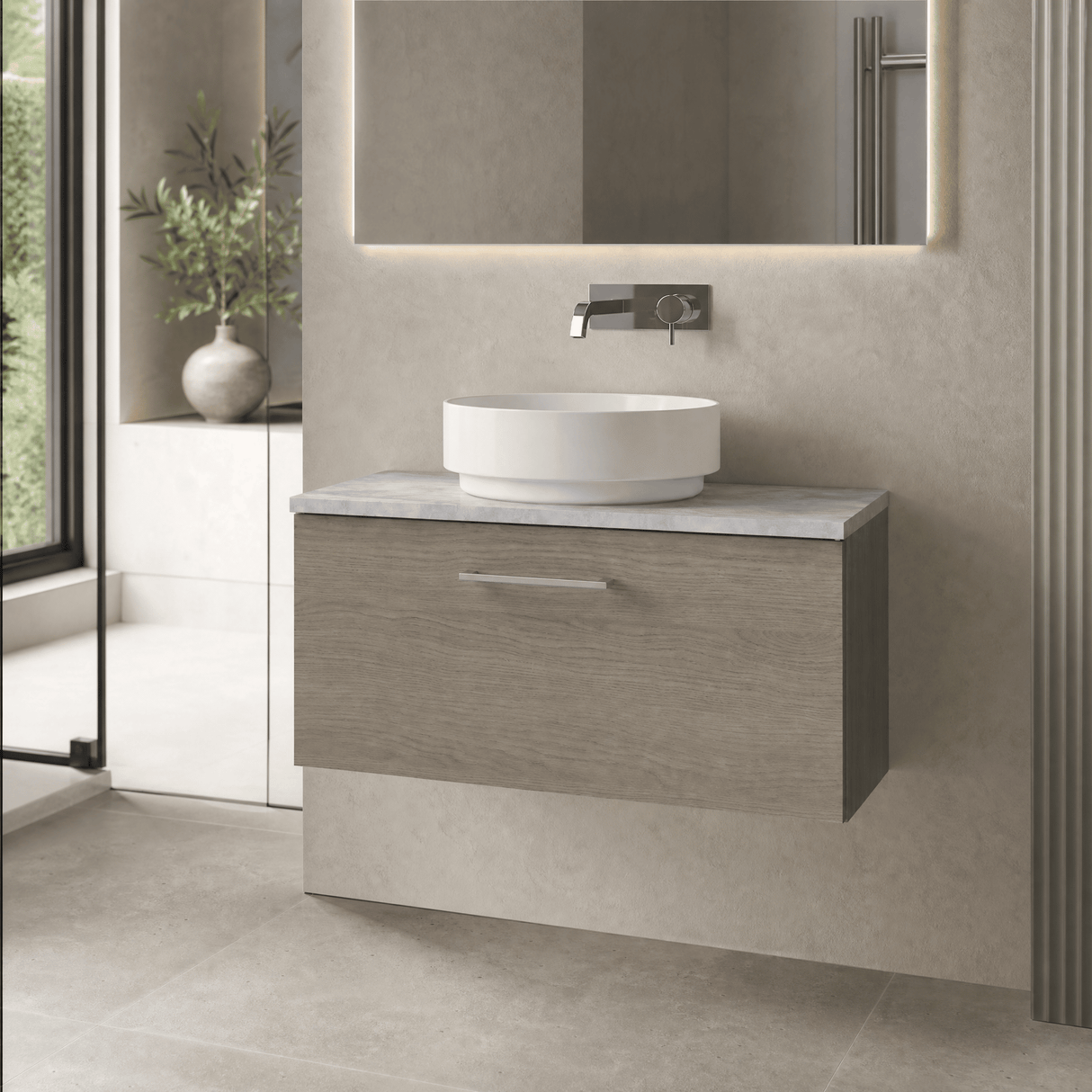 [BFLE2525LBG] Bramshall Contemporary 1 Drawer Wall Hung Vanity Unit with Bellato Grey Laminate Worktop, Choice of Size and Colour