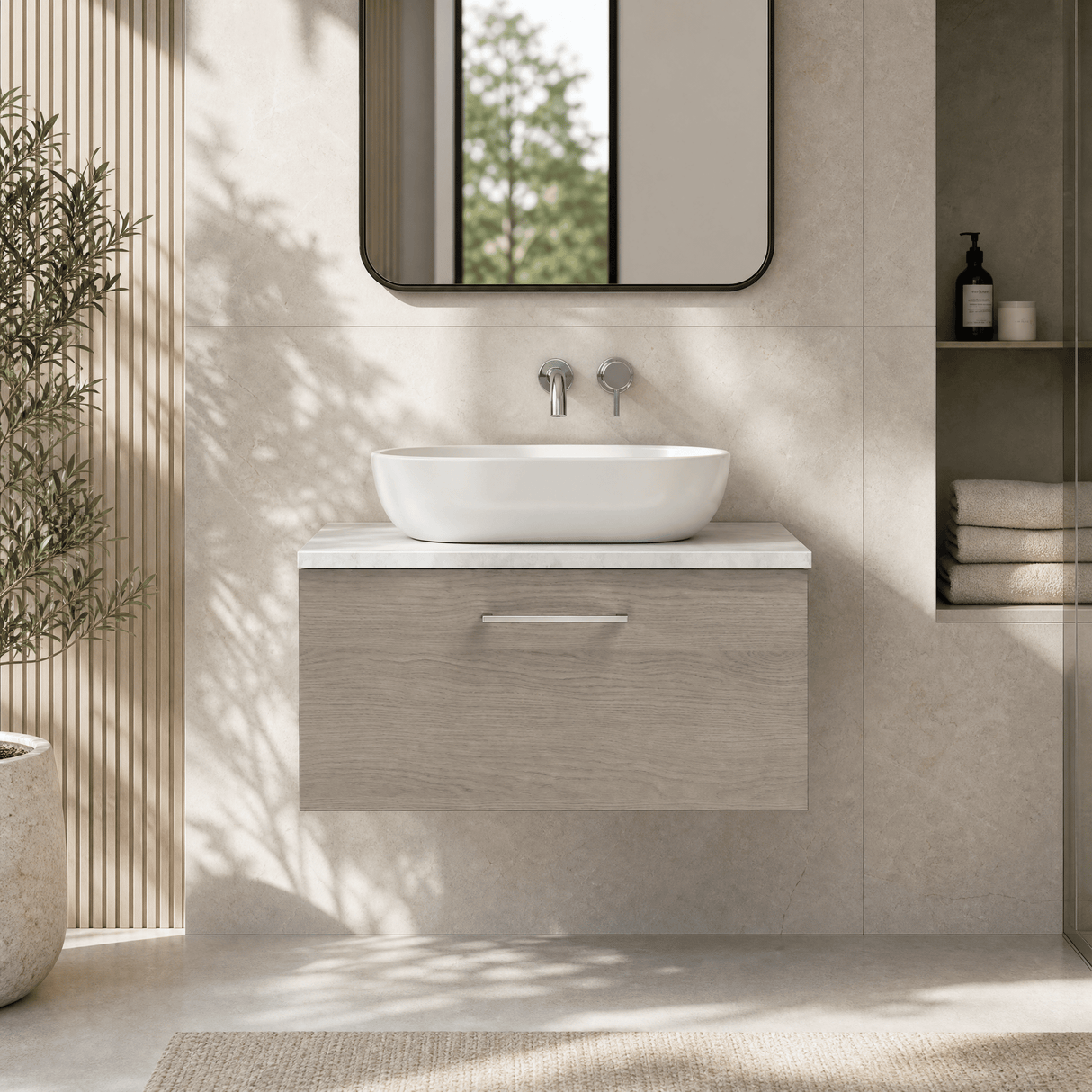 [BFLE2525LBG] Bramshall Contemporary 1 Drawer Wall Hung Vanity Unit with Bellato Grey Laminate Worktop, Choice of Size and Colour - Silo