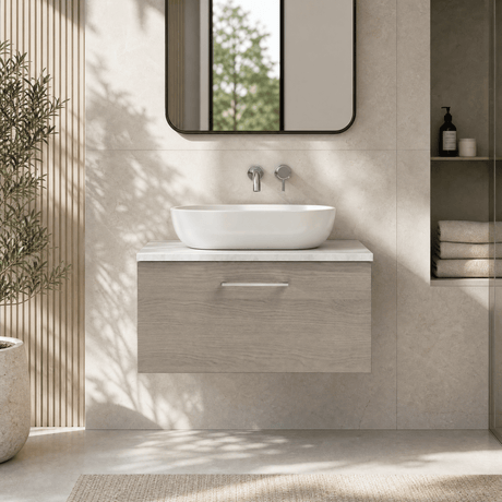 [BFLE2525LBG] Bramshall Contemporary 1 Drawer Wall Hung Vanity Unit with Bellato Grey Laminate Worktop, Choice of Size and Colour - Silo