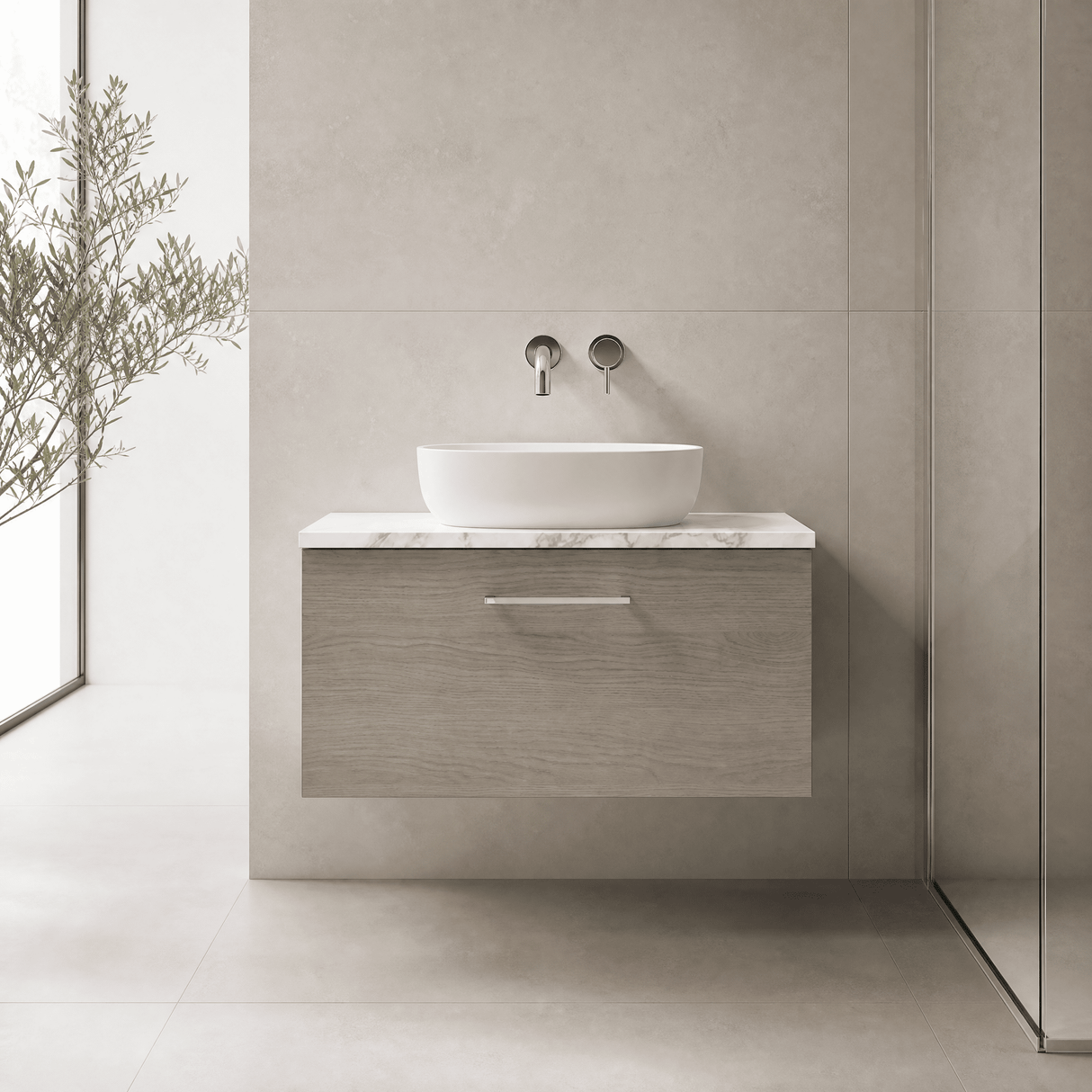 [BFLE2525LCM] Bramshall Contemporary 1 Drawer Wall Hung Vanity Unit with Carrera Marble Laminate Worktop, Choice of Size and Colour
