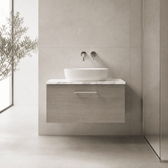 [BFLE2525LCM] Bramshall Contemporary 1 Drawer Wall Hung Vanity Unit with Carrera Marble Laminate Worktop, Choice of Size and Colour