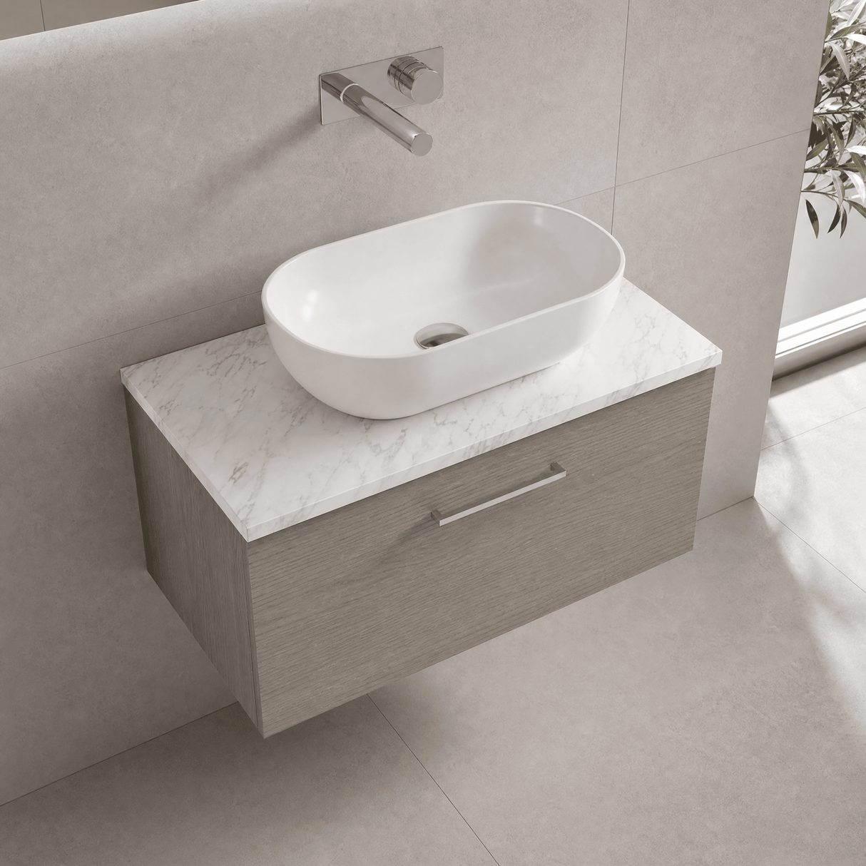 [BFLE2525LCM] Bramshall Contemporary 1 Drawer Wall Hung Vanity Unit with Carrera Marble Laminate Worktop, Choice of Size and Colour