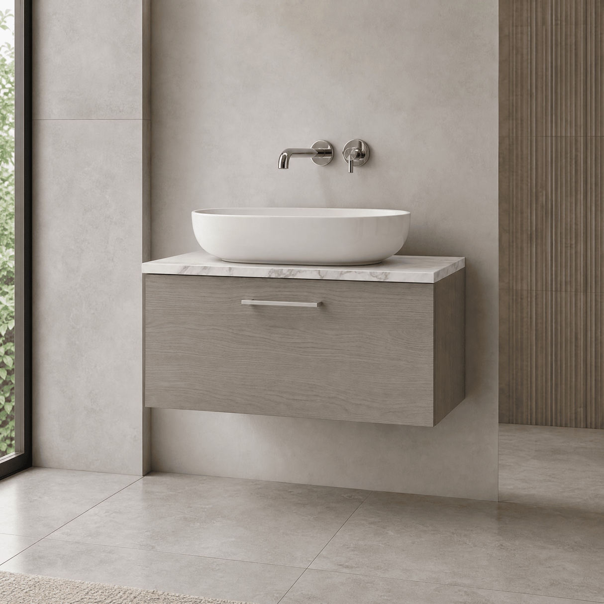 [BFLE2525LCM] Bramshall Contemporary 1 Drawer Wall Hung Vanity Unit with Carrera Marble Laminate Worktop, Choice of Size and Colour