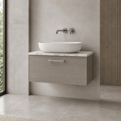 [BFLE2525LCM] Bramshall Contemporary 1 Drawer Wall Hung Vanity Unit with Carrera Marble Laminate Worktop, Choice of Size and Colour