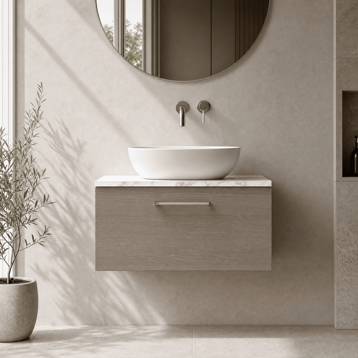 [BFLE2525LCM] Bramshall Contemporary 1 Drawer Wall Hung Vanity Unit with Carrera Marble Laminate Worktop, Choice of Size and Colour - Silo