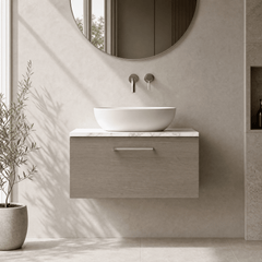 [BFLE2525LCM] Bramshall Contemporary 1 Drawer Wall Hung Vanity Unit with Carrera Marble Laminate Worktop, Choice of Size and Colour - Silo