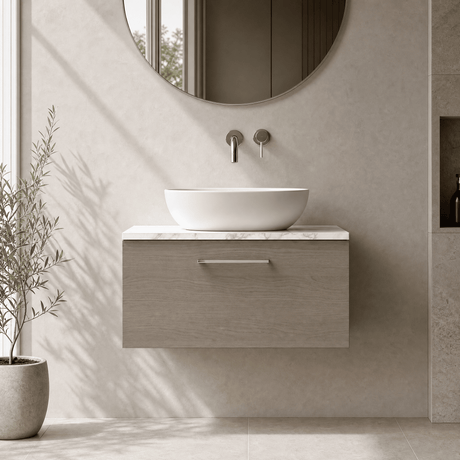 [BFLE2525LCM] Bramshall Contemporary 1 Drawer Wall Hung Vanity Unit with Carrera Marble Laminate Worktop, Choice of Size and Colour - Silo