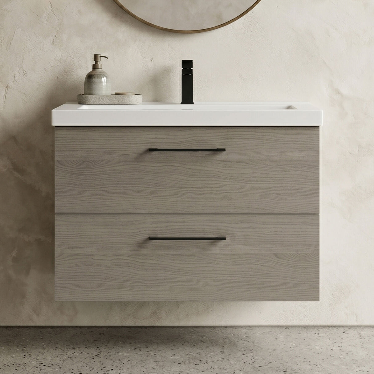 [BFLE2526AH018] Bramshall Wall Hung 2 Drawer Vanity Unit with Mid-Edge Ceramic Basin - Choice of Colour, Handle Finish and Size - Silo