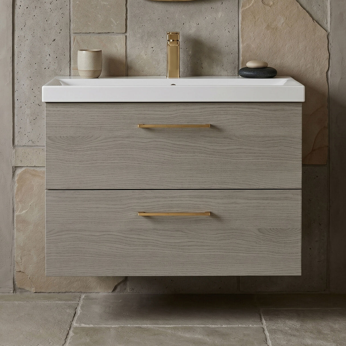 [BFLE2526AH1516] Bramshall Wall Hung 2 Drawer Vanity Unit with Mid-Edge Ceramic Basin - Choice of Colour, Handle Finish and Size - Silo