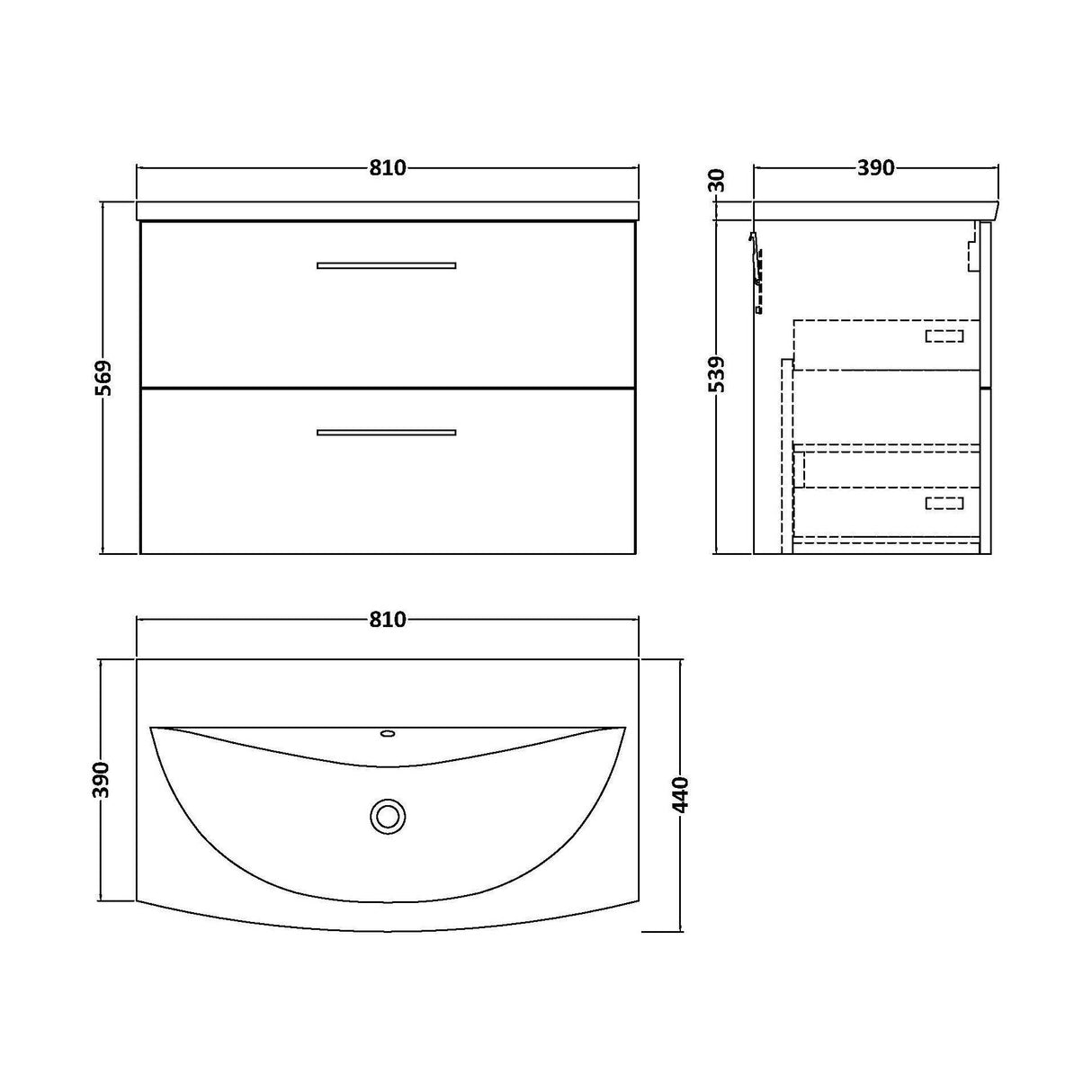 [BFLE2526G] Balterley  Modern Bathroom Wall Hung 2-Drawer Vanity & Curved Basin, Solace Oak, 800mm - Technical Drawing